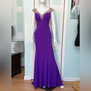 Size 2 Madison James Fitted Bodycon Purple gown Prom Dress  Cap Sleeves Damaged